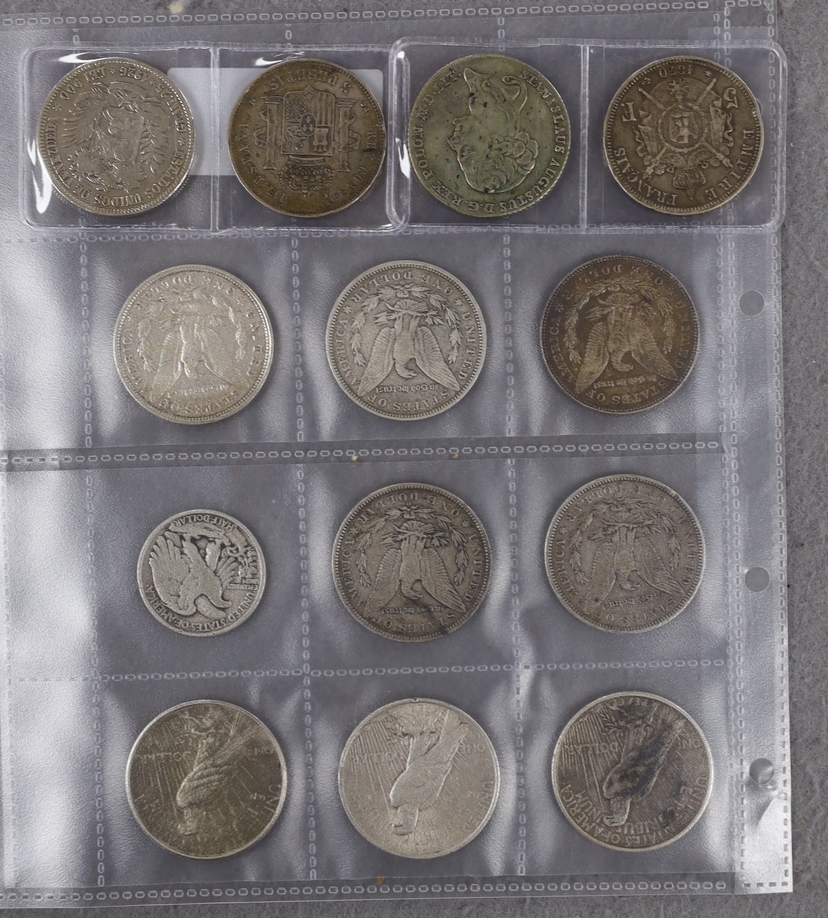 U.S.A. coins, five Morgan dollars 1878, 1888, 1891, 1895 and 1921, three other dollars 1924, 1925